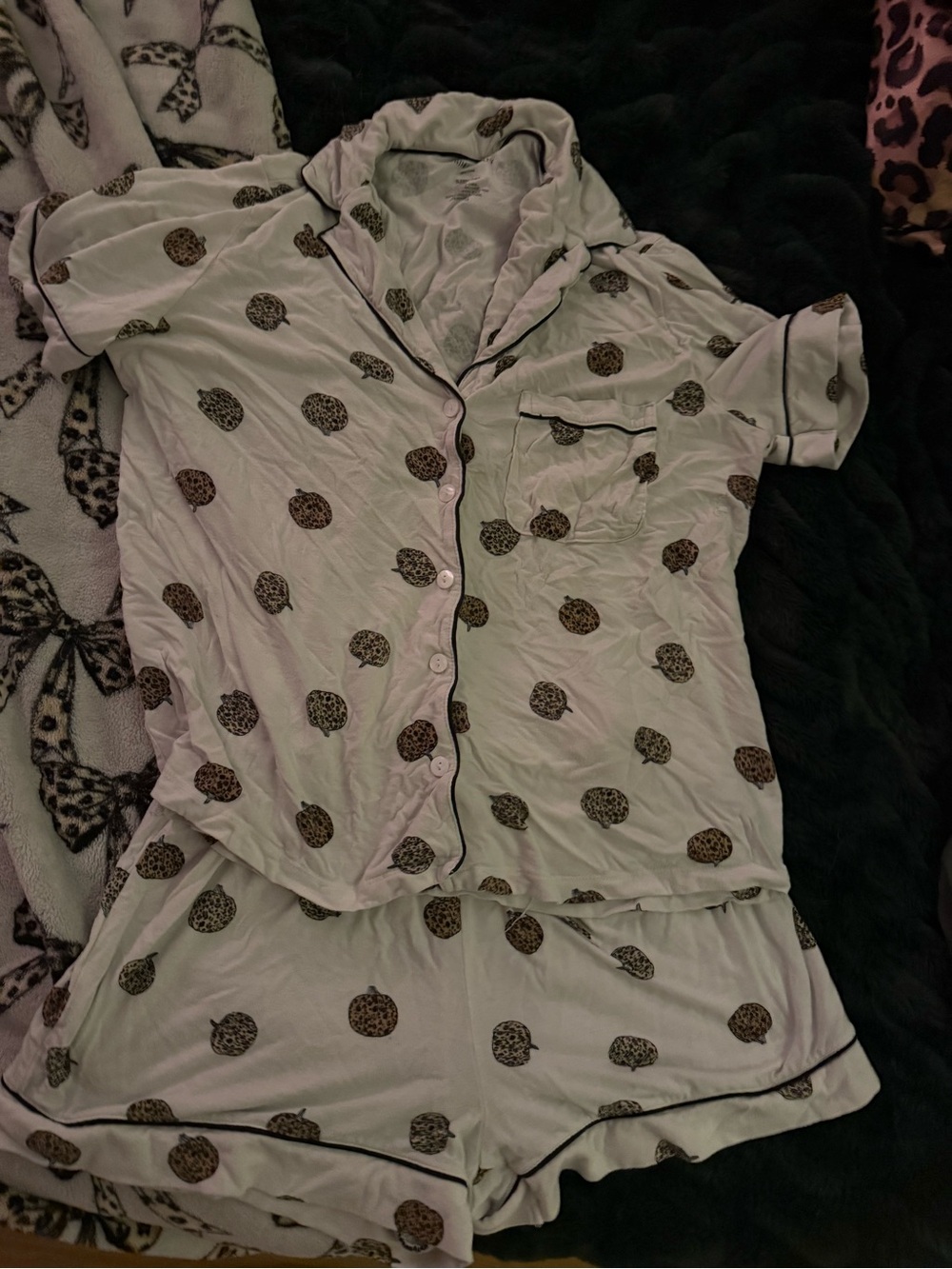Cynthia Rowley White Short Pajama Set with Brown Leopard Dots